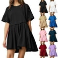 thumbnail image 1 of NXMZXB Womens Summer Crew Neck Short Sleeve Dress Patchwork Pleated A Line Beach Boho Sundress Loose Flowy Athletic Tennis Mini Dress Pink XXL, 1 of 5