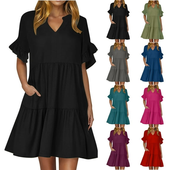 NXMZXB Womens Summer Dresses 2025 Trendy Ruffle Short Sleeve V Neck A Line Tiered Beach Sundress Loose Flowy Casual Mini Dress with Pockets Light Blue S