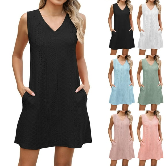 NXMZXB Womens Summer Dresses 2025 V Neck Sleeveless Lace Crochet Eyelet Tunic Dress Loose Fit Casual Beach Sundresses Swimsuit Coverup Pink L