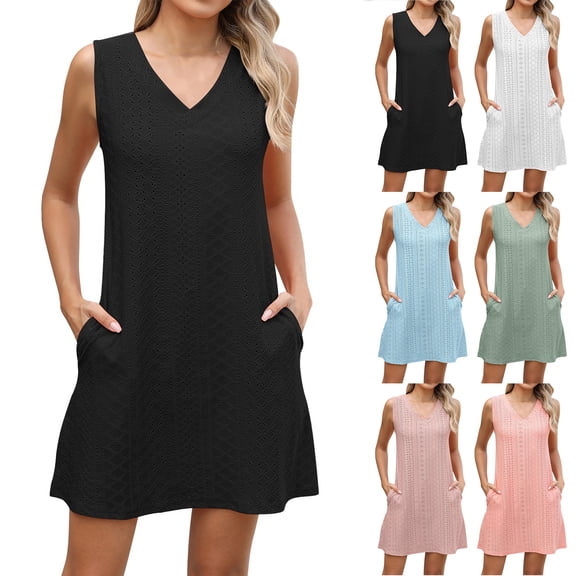 NXMZXB Womens Summer Dresses 2025 V Neck Sleeveless Lace Crochet Eyelet Tunic Dress Loose Fit Casual Beach Sundresses Swimsuit Coverup White XXL