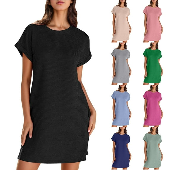 NXMZXB Womens Summer Dresses Fashion 2025 Short Sleeve Spring Mini Dress Casual Crewneck Beach Vacation Clothes Sun Dresses Beige XL