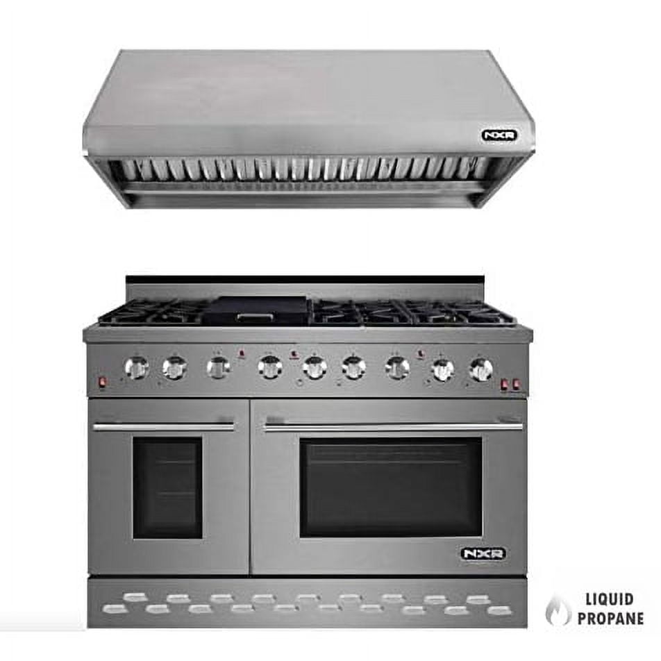 NXR Entree Bundle 48 in. 7.2 cu.ft. Pro-Style Liquid Propane GAS Range Convection Oven and Hood in Stainless Steel and Gold