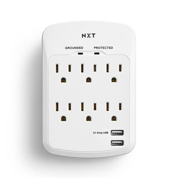 Wall-Mount Surge Protector 6 AC Outlets/2 USB Ports 1200 J White NX54321
