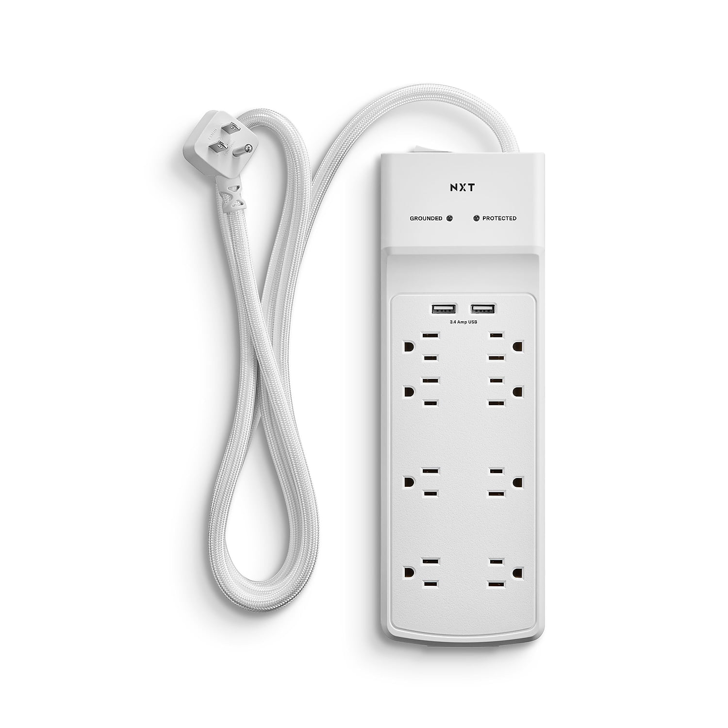 White 8-Outlet Surge Protector with 6ft Braided Cord and USB Ports