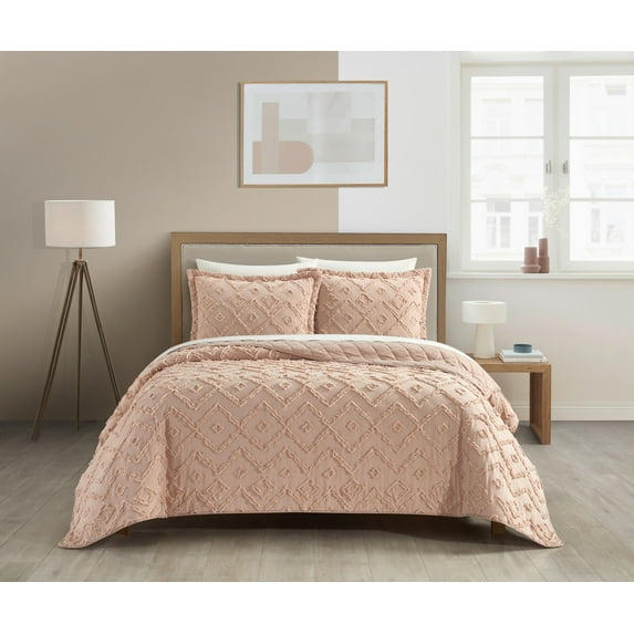 NY&C Home Cody 3-Piece Jacquard Cotton Quilt Set, Queen, Dusty Rose