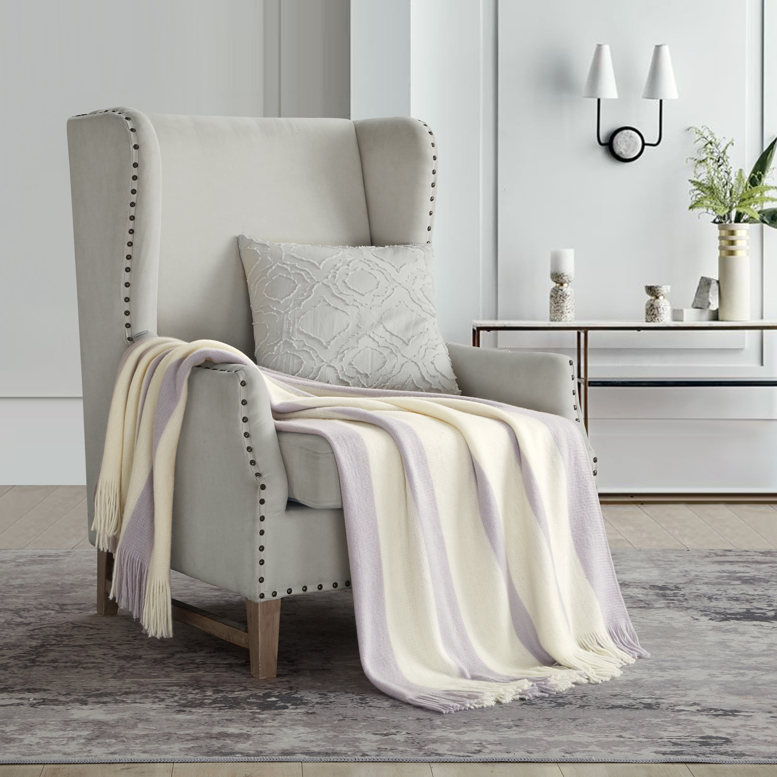 Lavender and Cream Striped Faux Cashmere Throw Blanket