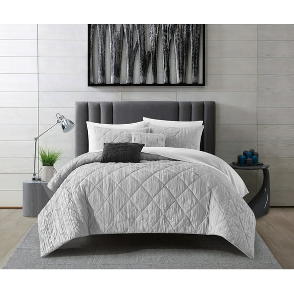 NY&C Home Leighton 5-Piece Geometric Comforter Set, King, Grey
