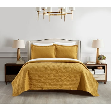 NY&C Home Marling 3 Piece Quilt Contemporary Geometric Diamond Pattern, Queen, Gold