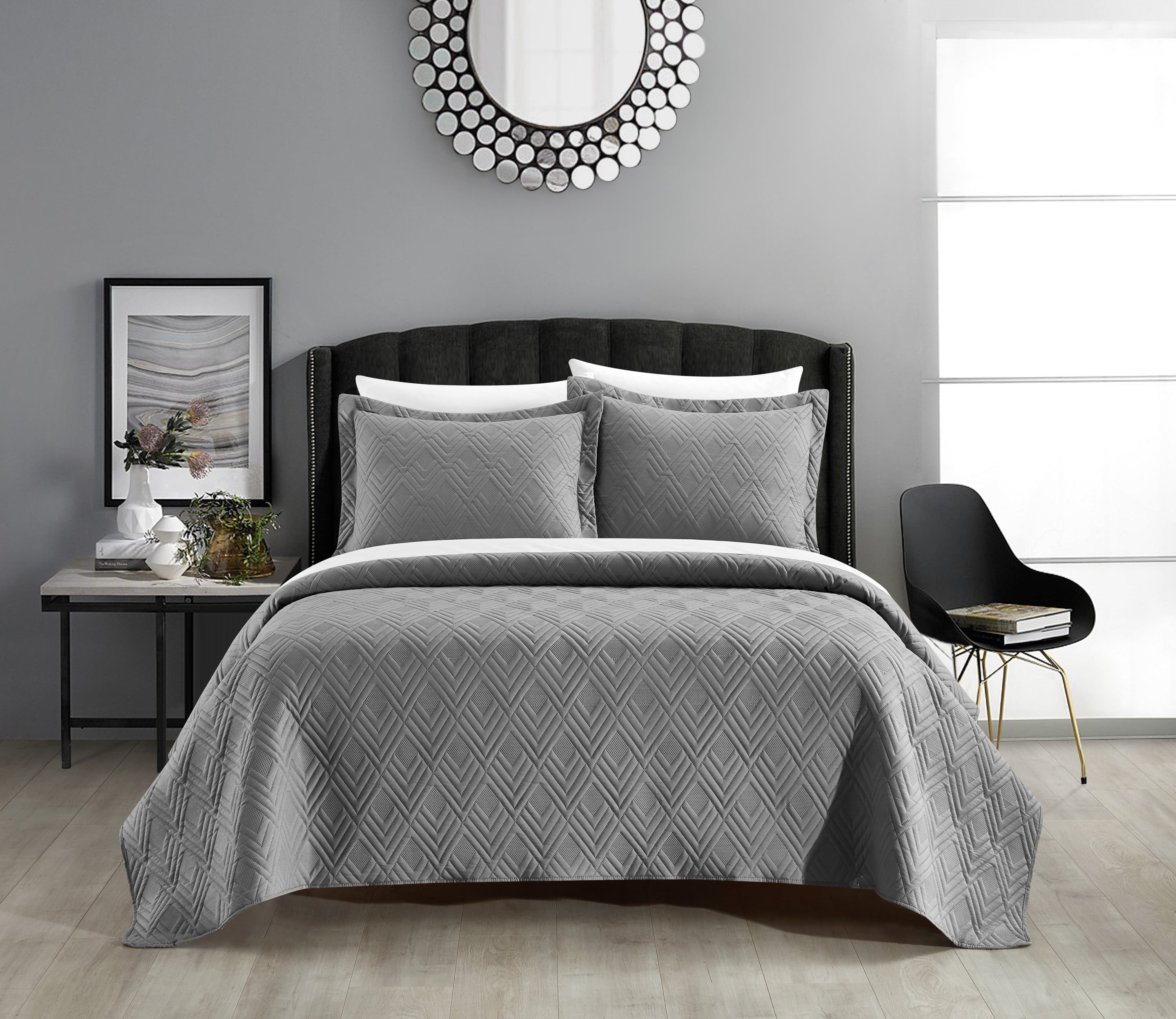 NY&C Home Marling 7-Piece Quilt Set Contemporary Geometric Diamond Pattern, King, Grey