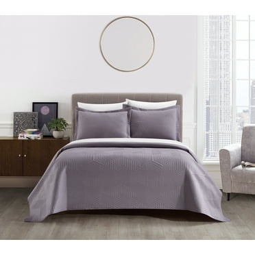 NY&C Home Ridge 3 Piece Quilt Contemporary Y-Shaped Geometric Pattern, Queen, Purple