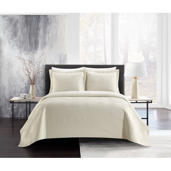 NY&C Home Ridge 7-Piece Quilt Set Contemporary Y-Shaped Geometric Pattern, King, Beige