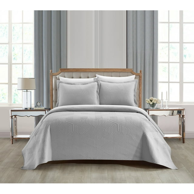 NY&C Home Ridge 7-Piece Quilt Set Contemporary Y-Shaped Geometric Pattern, King, Grey