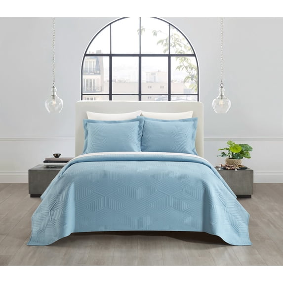 NY&C Home Ridge 7-Piece Quilt Set Contemporary Y-Shaped Geometric Pattern, Queen, Blue