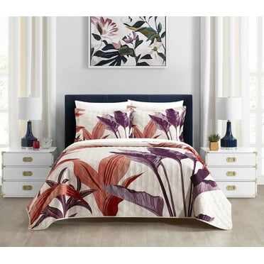NY&C Home Trident 3 Piece Quilt Contemporary Large Scale Floral Print, Queen