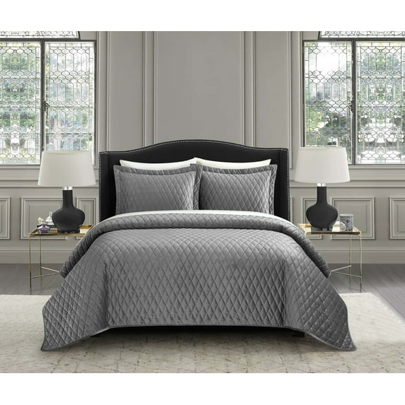 NY&C Home Wafa 3-Piece Geometric Quilt Set, King, Grey