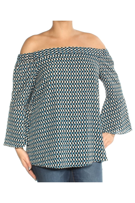 $50 Womens New 1471 Blue Geometric Bell Sleeve Top L B+B
