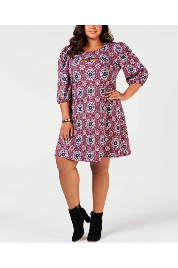 $70 Womens New Purple Printed 3/4 Sleeve Shift Dress 2X Plus B+B
