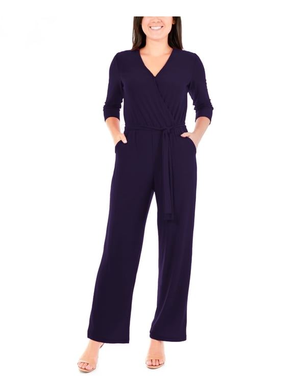 PETITE Womens Navy Belted Pocketed 3/4 Sleeve V Neck Party Jumpsuit Petites PS