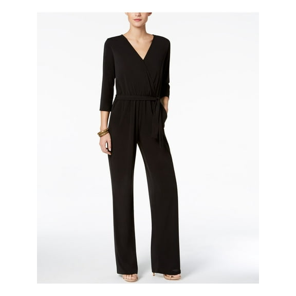 NY COLLECTION Womens Black Belted Pocketed 3/4 Sleeve V Neck Party Jumpsuit Petites PM