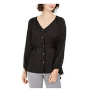 NY COLLECTION Womens Black Long Sleeve V Neck Evening Button Up Top Petites PS