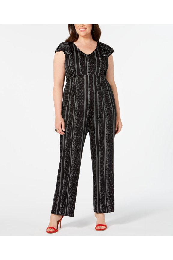 Womens Black Polka Dot Flutter Sleeve V Neck Jumpsuit Plus 3X