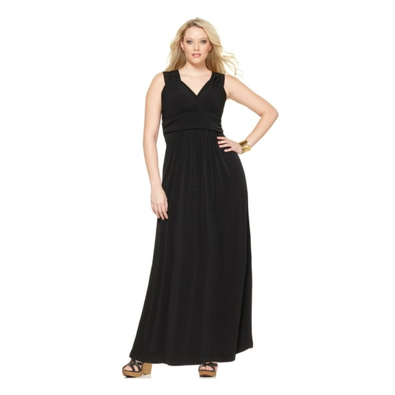 NY COLLECTION Womens Black Ruched Sleeveless V Neck Maxi Evening Empire Waist Dress Plus 1X