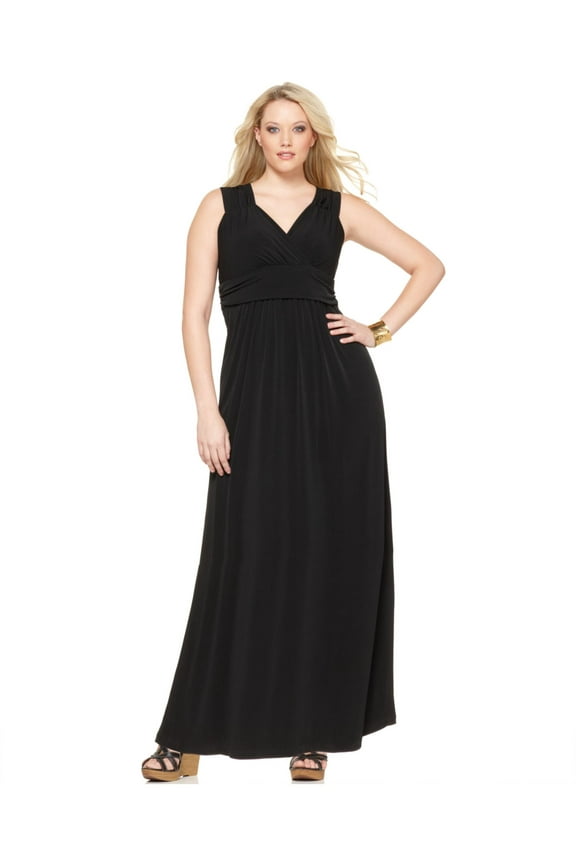 Womens Black Ruched Sleeveless V Neck Maxi Evening Empire Waist Dress Plus 1X