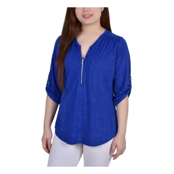 NY COLLECTION Womens Blue Zippered Floral Roll-tab Sleeve V Neck Wear To Work Top Petites PL