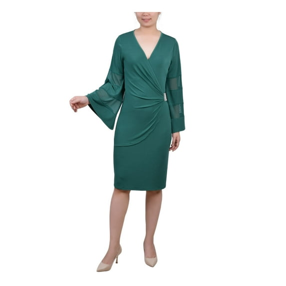 NY COLLECTION Womens Green Pleated Rhinestone Embellishment Bell Sleeve Surplice Neckline Knee Length Party Faux Wrap Dress Petites PS