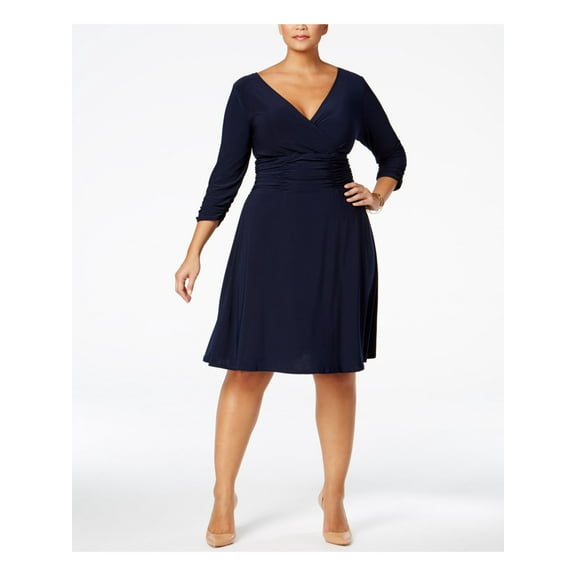 NY COLLECTION Womens Navy Ruched 3/4 Sleeve V Neck Knee Length Wear To Work A-Line Dress Plus 1X