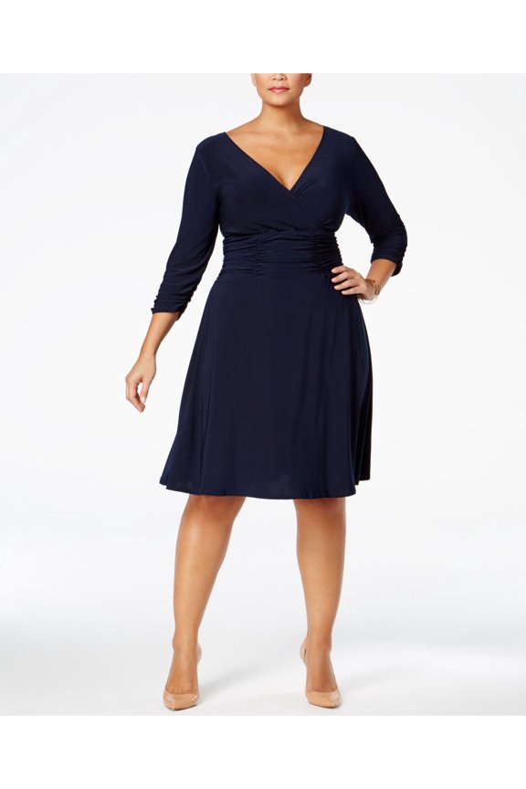 Womens Navy Ruched 3/4 Sleeve V Neck Knee Length Wear To Work A-Line Dress Plus 1X