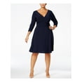 thumbnail image 1 of NY COLLECTION Womens Navy Ruched 3/4 Sleeve V Neck Knee Length Wear To Work A-Line Dress Plus 2X, 1 of 2