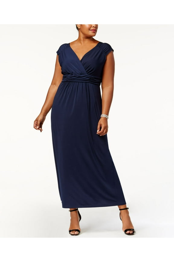 Womens Navy Ruched Sleeveless V Neck Maxi Evening Empire Waist Dress Plus 2X