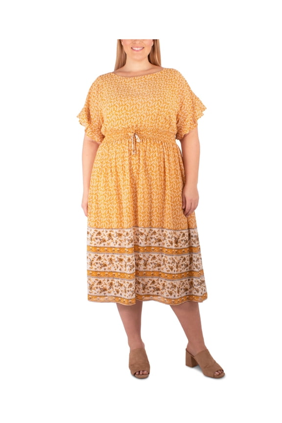 Womens Yellow Short Sleeve Below The Knee Dress Plus 2X