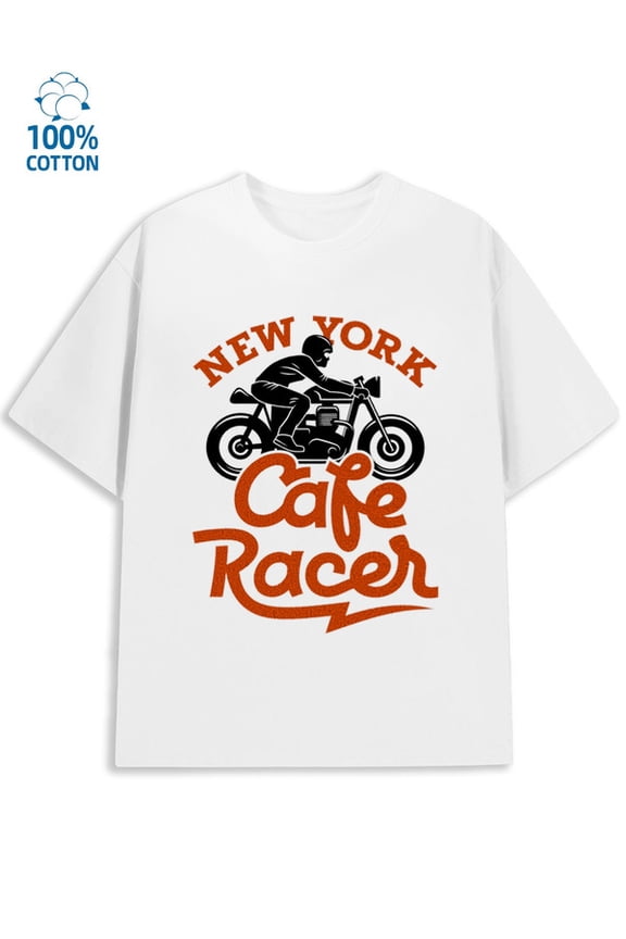 NY Cafe Racer Tee men's funny humor 180G 100% Cotton white y2k work Fashion Unisex Shirt Crewneck tshirts Fashion Unisex Shirt Graphic tshirts Retro Unisex Shirt Graphic tshirts