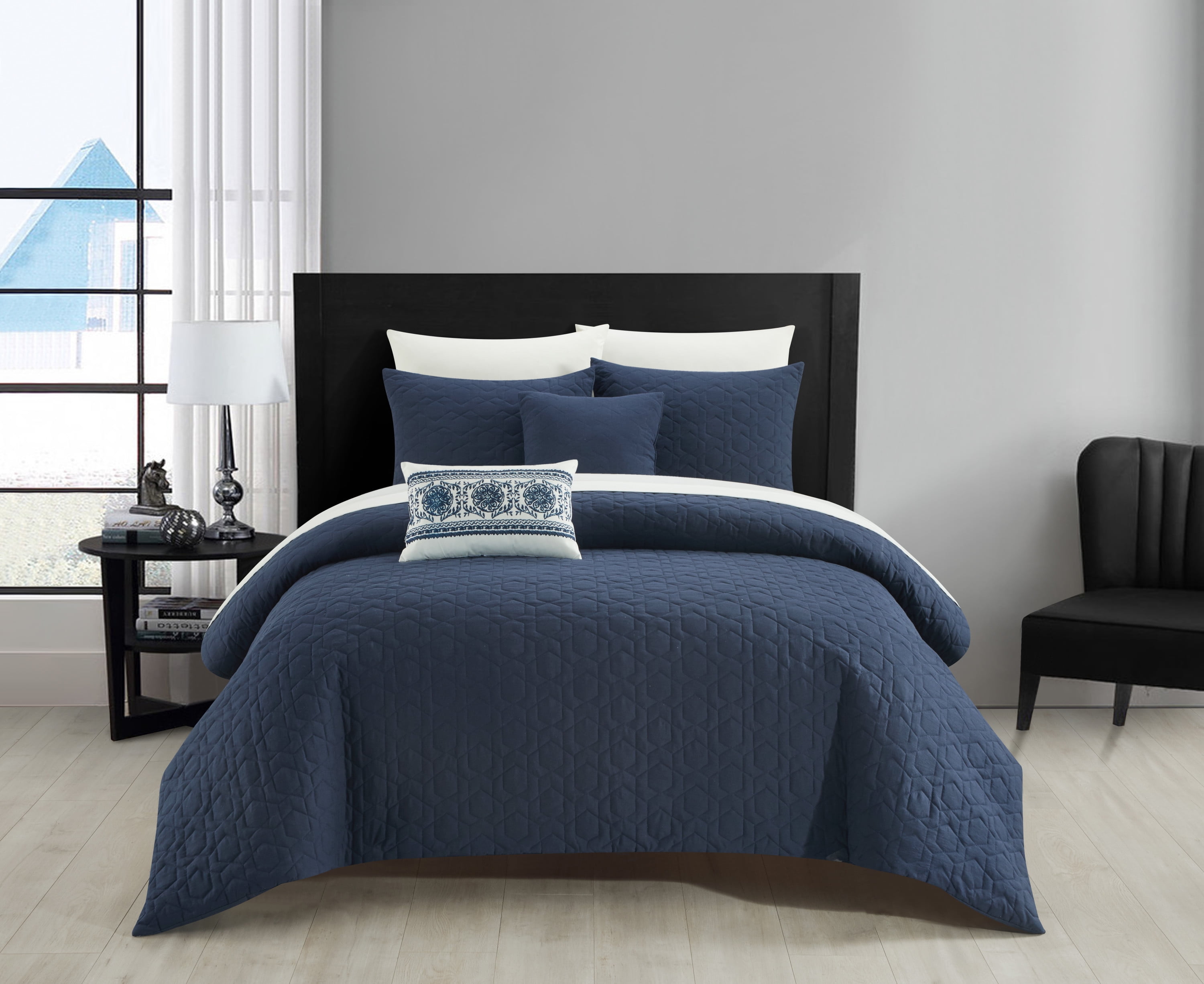 NY&Co. Home Davina 9-Piece Geometric Embossed Plain-Colored Comforter Set, King, Navy