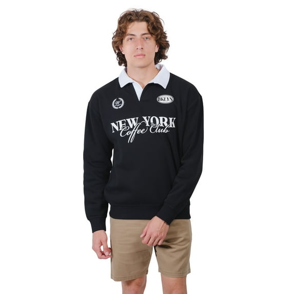 Brooklyn Cloth NY Coffee Club Rugby Fleece Pullover, Heavyweight Striped Collar, Black, Large