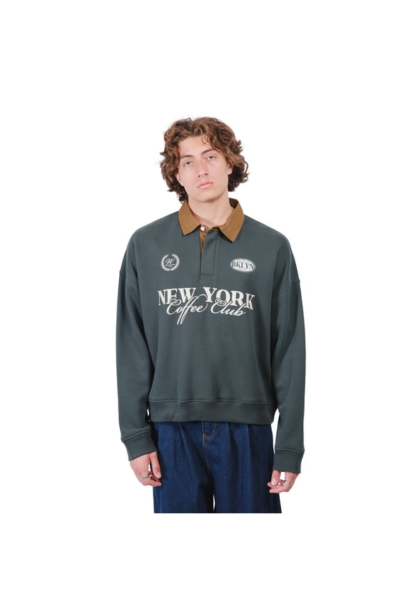 NY Coffee Club Rugby Fleece, Pullover, Heavyweight, Striped Sweatshirt, Dark Spruce, Medium