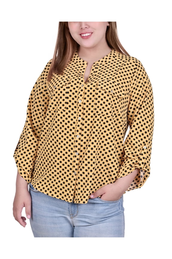 3/4 Roll Tab Sleeve Mandarin Collar Blouse