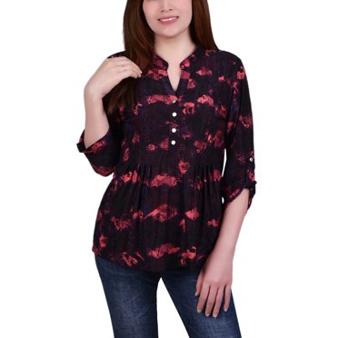 Black White Justin 3/4 Roll Tab Sleeve Y Neck Top - Petite