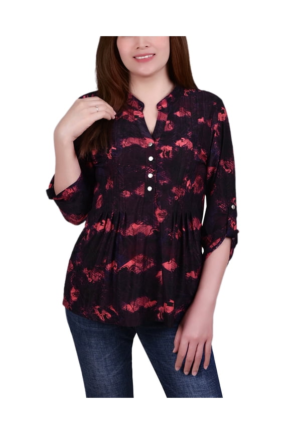 3/4 Roll Tab Sleeve Y-Neck Top