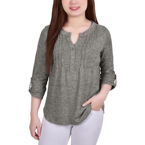 NY Collection 3/4 Roll Tab Sleeve Y Neck Top