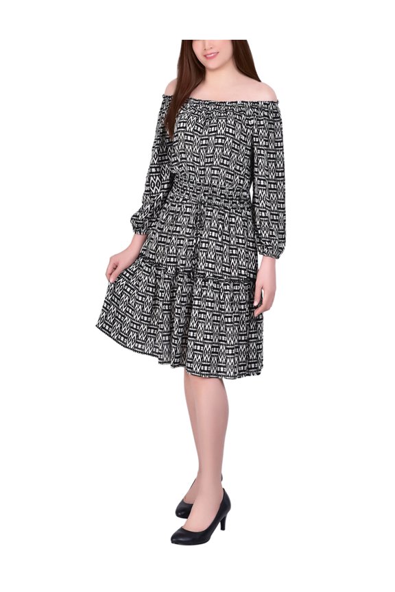 3/4 Sleeve Off-The-Shoulder Crepon Dress