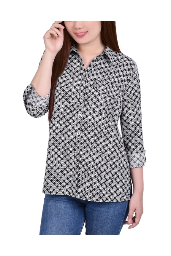Petite 3/4 Sleeve Roll Tab Notch Collar Blouse New Iconic PL