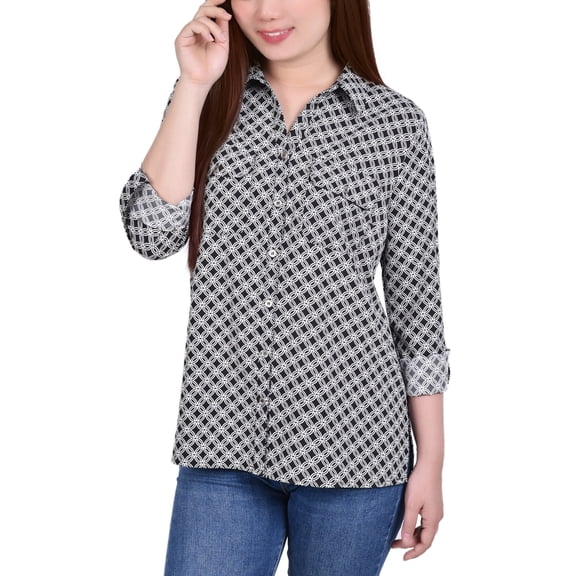 Petite 3/4 Sleeve Roll Tab Notch Collar Blouse New Iconic PL