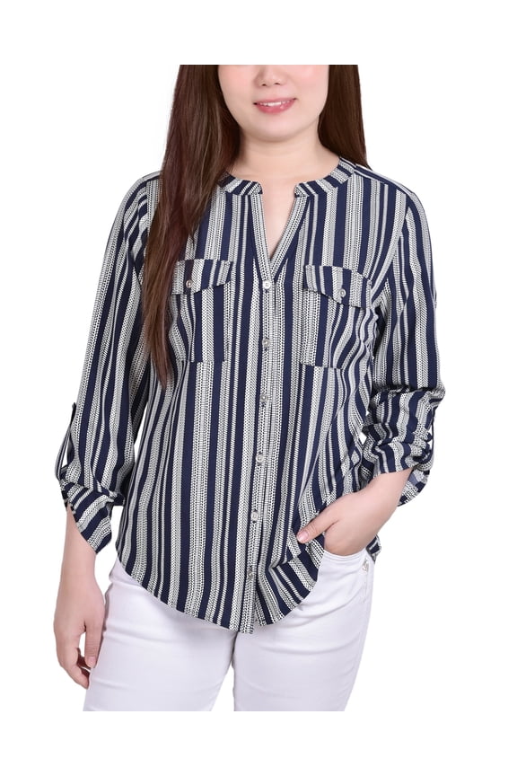 3/4 Sleeve Roll Tab Y Neck Blouse