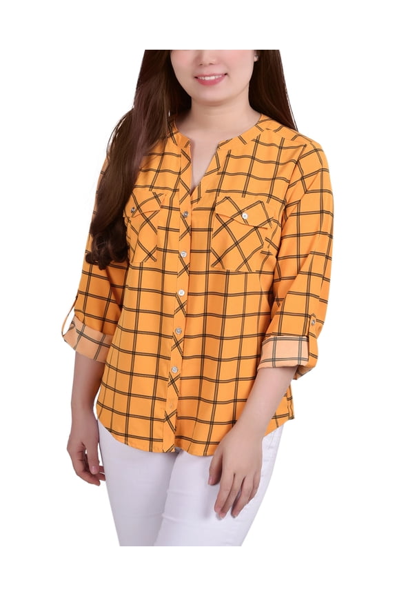 3/4 Sleeve Roll Tab Y Neck Blouse
