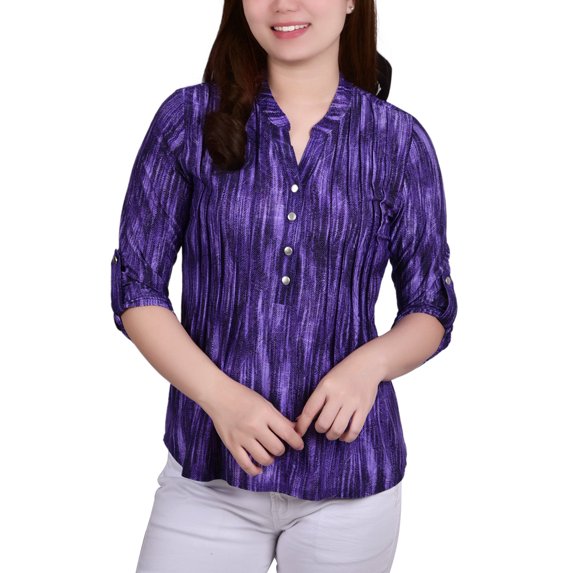 NY Collection 3/4 Sleeve Roll Tab Y Neck Pullover