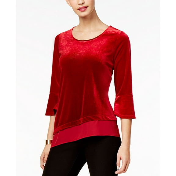 NY Collection Asymmetrical Chiffon Trimmed Velvet Top Red XS