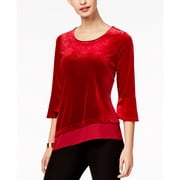 NY Collection Asymmetrical Chiffon Trimmed Velvet Top Red XS